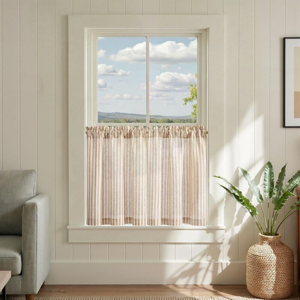 Set of 2 Curtain Panels, 26"W x 24"L Linen Blend Tier Curtains, Tan Striped